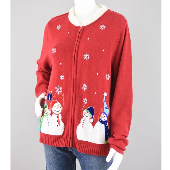 Vintage Christmas Cardigan with Fur Collar, Snowmen &  Snowflakes, Women's XL - Picture 4 of 10